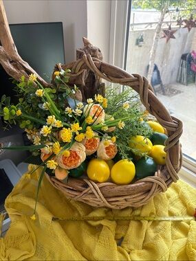 Sunny Citrus & Floral Woven Basket vintage Accent - Yellow